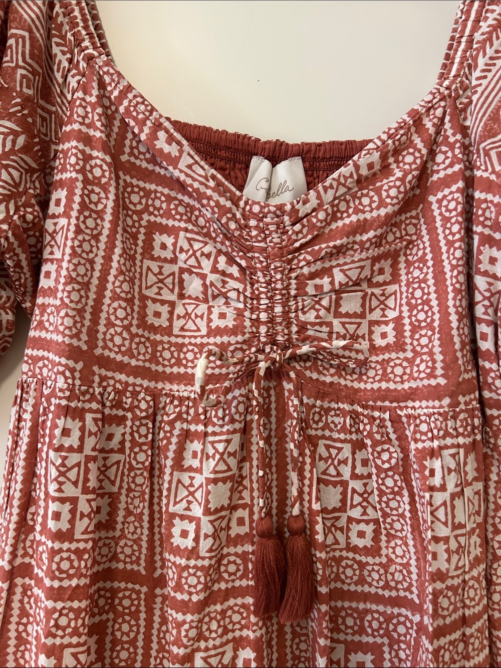 LAST CHANCE Cleobella Joely Rust and White Midi Boho Dress with Puff Sleeves - Picture 3 of 15